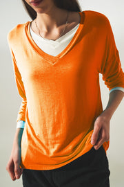 Long Sleeve v Neck Top in Modal in Orange
