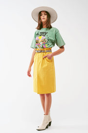 Paper Bag Waist Straight Skirt With Front Slit in Yellow