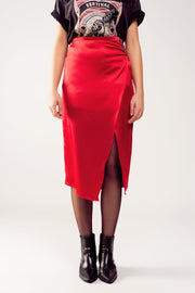 Split Front Midi Skirt in Red