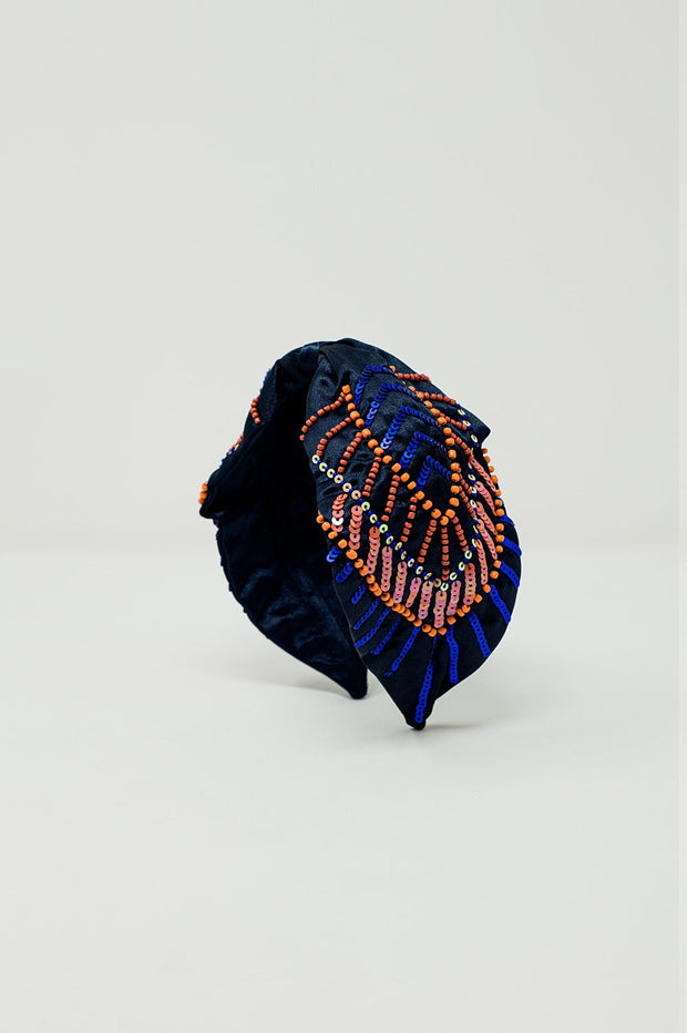 Navy Blue Headband With Sequin and Rhinestone Embellishments