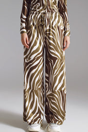 Straight Pants With Zebra Print in Olive Green and White