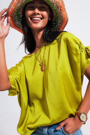 Blouse With Gather Short Sleeves in Lime