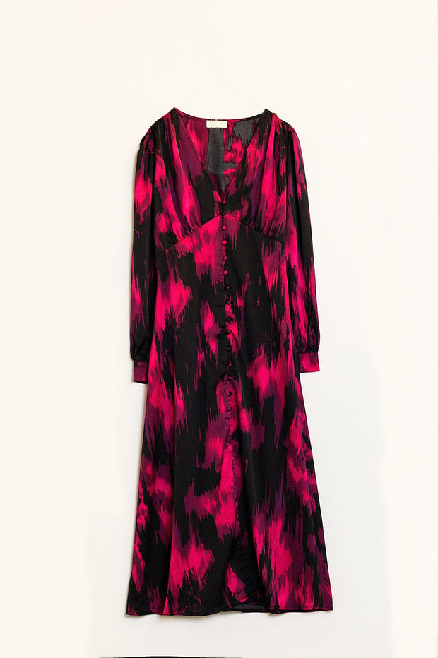 Long Printed Buttoned Dress With V-Neck
