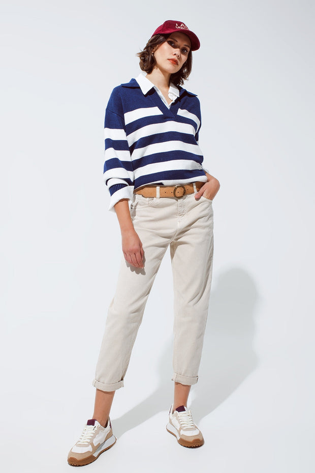 Blue and White Striped Sweater With v Neck and Polo Collar