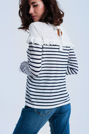 Navy Striped Sweater With Ruffles