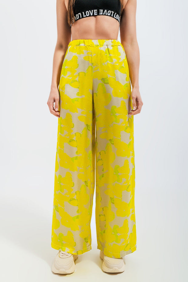 Wide Leg Trousers in Yellow Floral