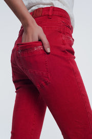 Red Boyfriend Jeans With Button Closure