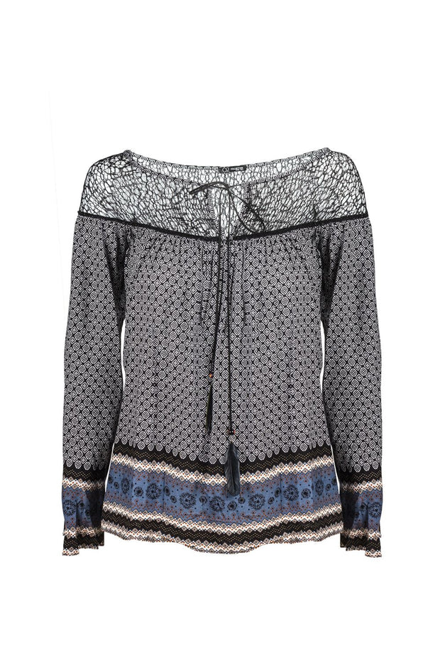 Gray Paisley Print Blouse With Cage Detail