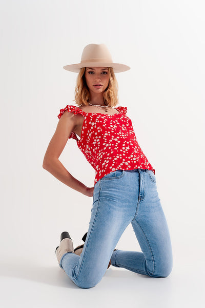 Frill Strap Cami Top in Red Ditsy Floral Print