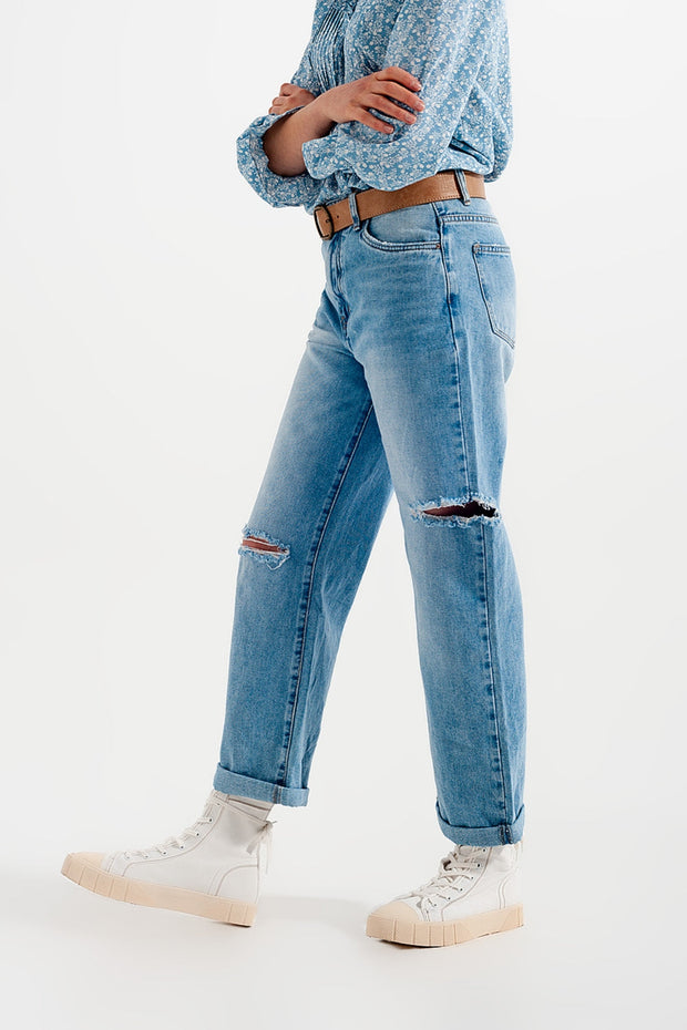 Wide Leg Jean With Knee Rips Washed Blue