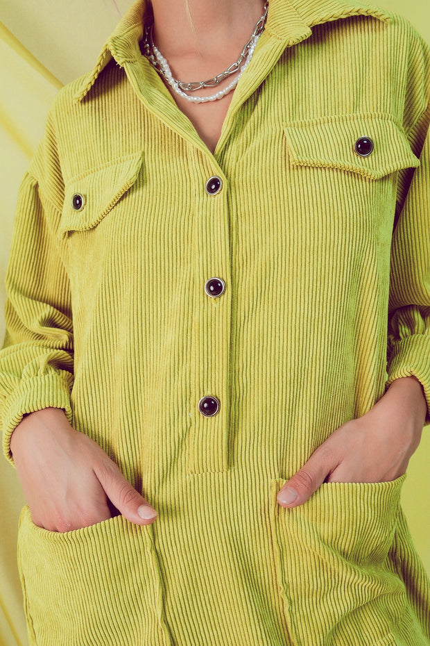 Cord Mini Shirt Dress in Lime