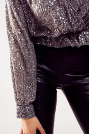 Cross Over Cropped and Sheer Top With Sequins in Silver