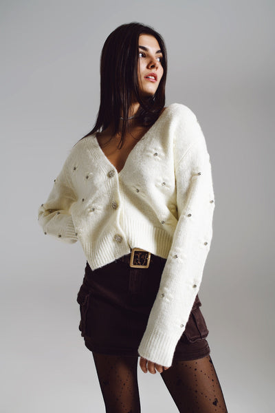 Cream Cardigan With Knitted Flowers and Embellished Details