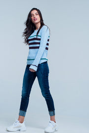 Blue Rib Stitch Sweater With Stripes