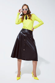 Black Leatherette Buttoned Midi Skirt