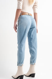 Jean With Double Waistband in Blue With Rips