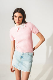 Ribbed Short Sleeve Crop Knitted Top in Pink