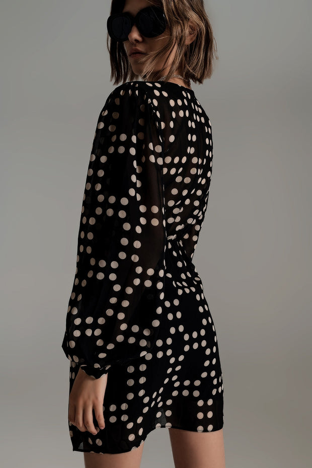 Short Dress With Wrapped Skirt and Balloon Sleeves in Cream and Black Polka Dot Print