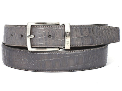 PAUL PARKMAN Men's Crocodile Embossed Calfskin Leather Belt (ID#B02-GRY)