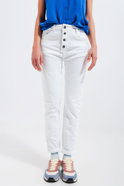 Exposed Buttons Skinny Jeans in White