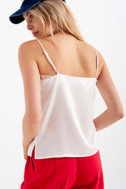 Lace Insert Satin Cami Top in White