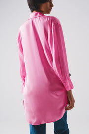 Long Sleeve Satin Button Front Shirt in Pink