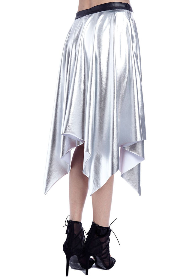 Silver Pleated Midi Skirt in Metallic