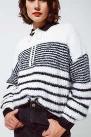 Fluffy  Crew Neck Sweater With Thin Black Stripes in White