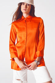 Satin Shirt With Split Cuff in Orange