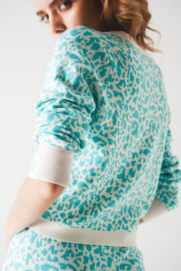 Lightweight Knitted Cardigan in Turquoise Animal Print