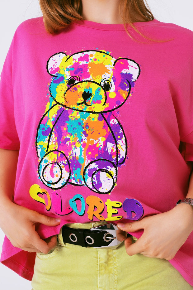 Loose-Fitting Fuchsia T-Shirt With Colored Bear