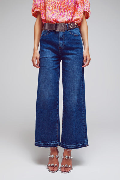 Wide Leg Jeans With Hem Detail in Mid Wash