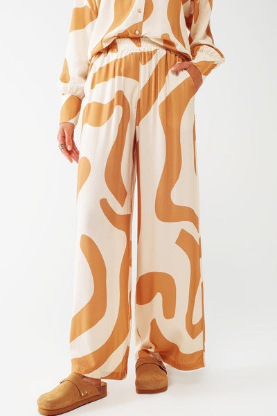 Relaxed Wide Leg Pants in Beige Abstract Print