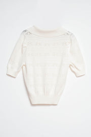 Knitted Pointelle Polo Neck Jumper in Cream
