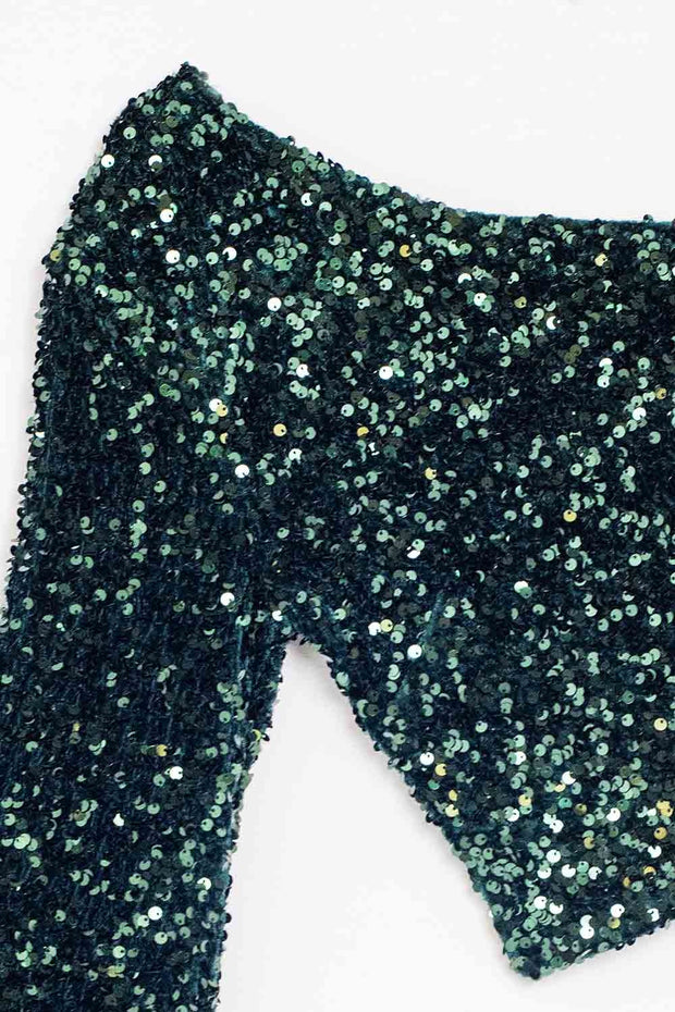 Glitter Top With One Shoulder in Black With Green
