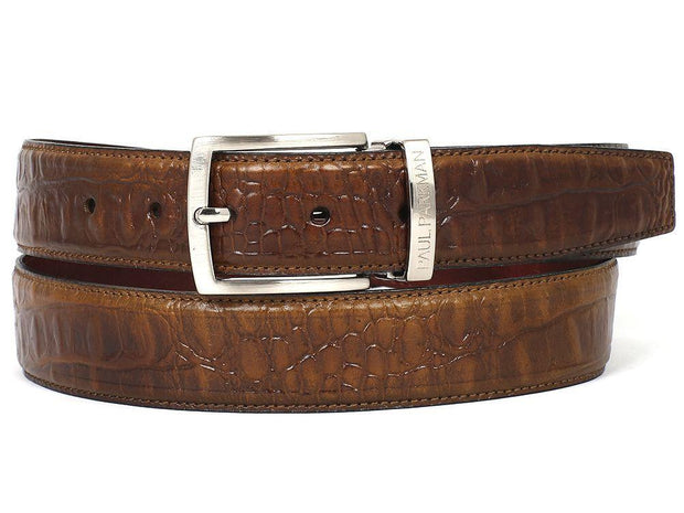 PAUL PARKMAN Men's Crocodile Embossed Calfskin Leather Belt (ID#B02-OLV)