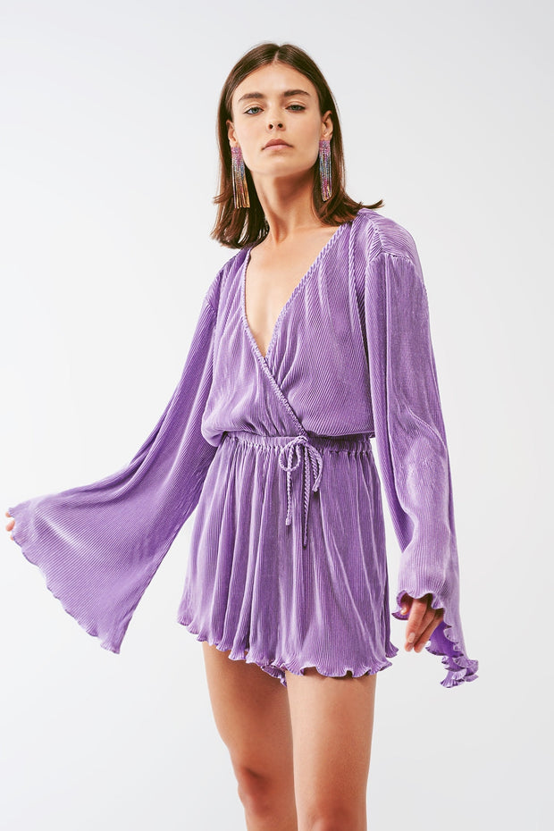 Satin Wrap Deatil Pleated Romper in Lilac