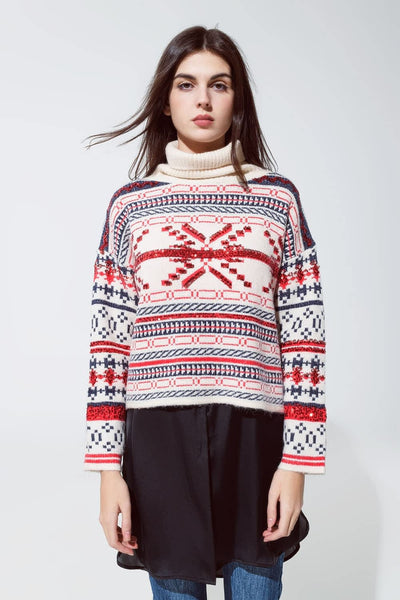 Chrstismas Sweater With Turtle Neck and Embroidered Sequin Details in Cream