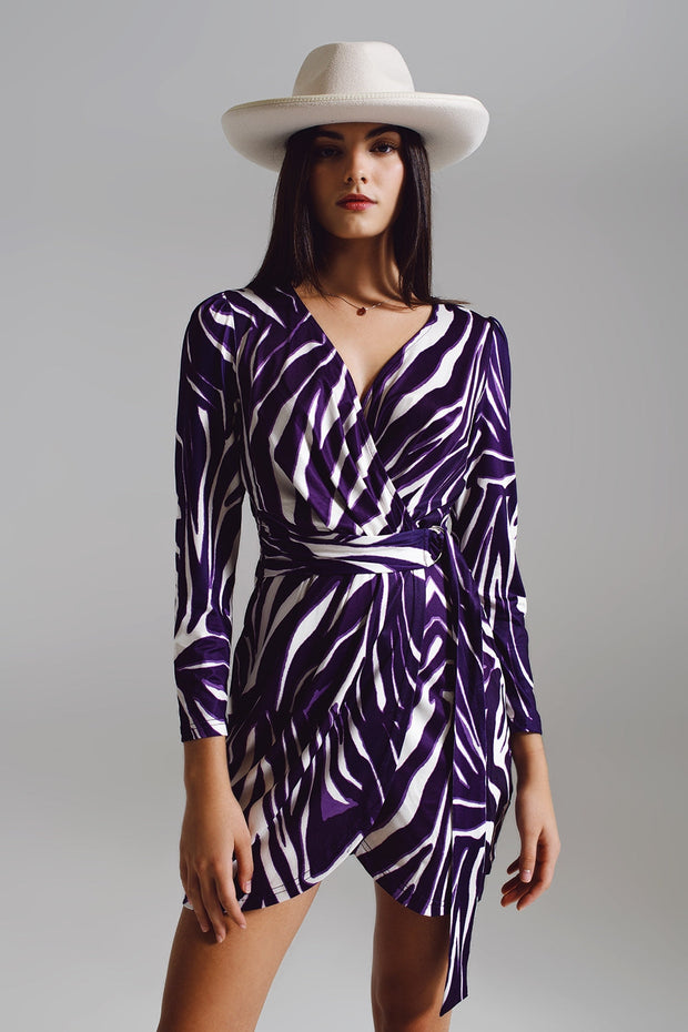 Wrapped Long Sleeve Dress With Belt in Cream and Purple Zebra Print