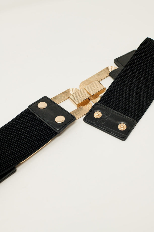 Black Elastic Belt With Triple Metal Buckle