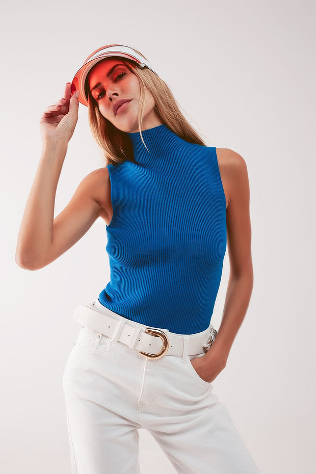 Knitted High Neck Top in Blue