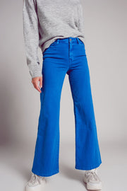 Cotton Blend Wide Leg Jeans in Blue