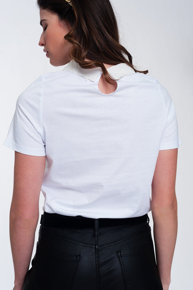T-Shirt With Collar Detail in White