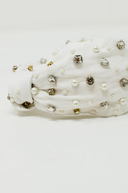 White Headband With Embellished Pearls and Strass