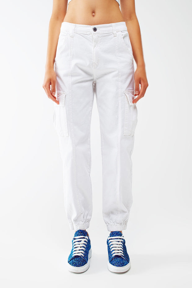 White Cargo Pants With Elasticated Waist and Hem