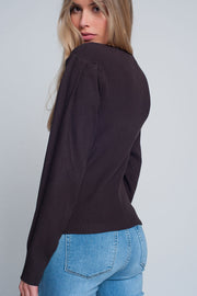 Brown Sweater With Long Sleeves and Shoulder Ruffles