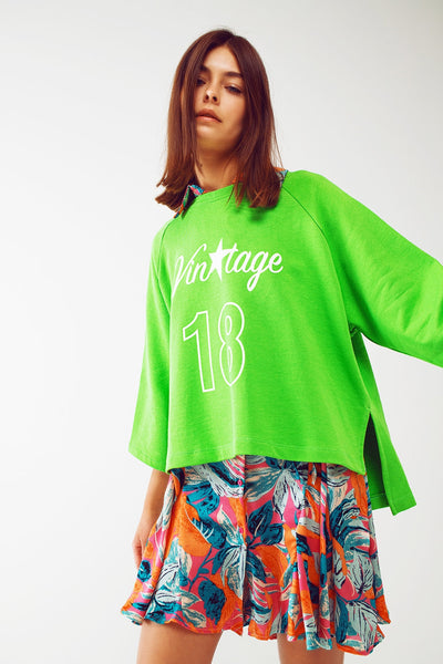 Assymetric Sweatshirt With Vintage 18 Text in Green