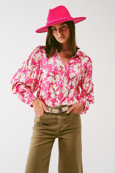 Floral Chiffon Blouse With Volume Sleeves in Pink