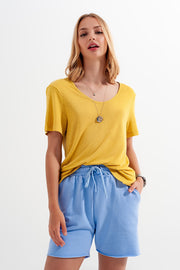 Linen Mix Scoop Front T-Shirt in Yellow