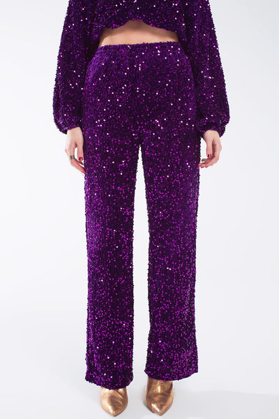 Wide Leg Sequin Pants With Side Pockets in Purple